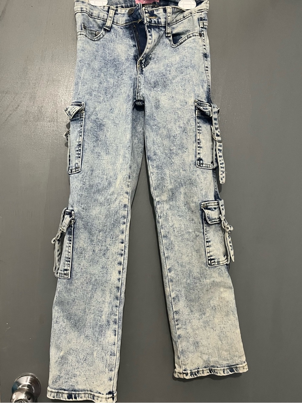 Acid Wash Cargo Jeans - Light Blue